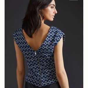 Anthropologie Sleeveless Knit Top Blue Jacquard Pattern Zip Back Small